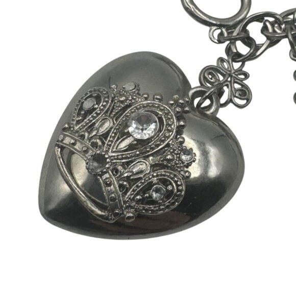 Oxidized Heart Charm Toggle Bracelet With Ornate Crown Design Crystal Accents - Picture 2 of 4